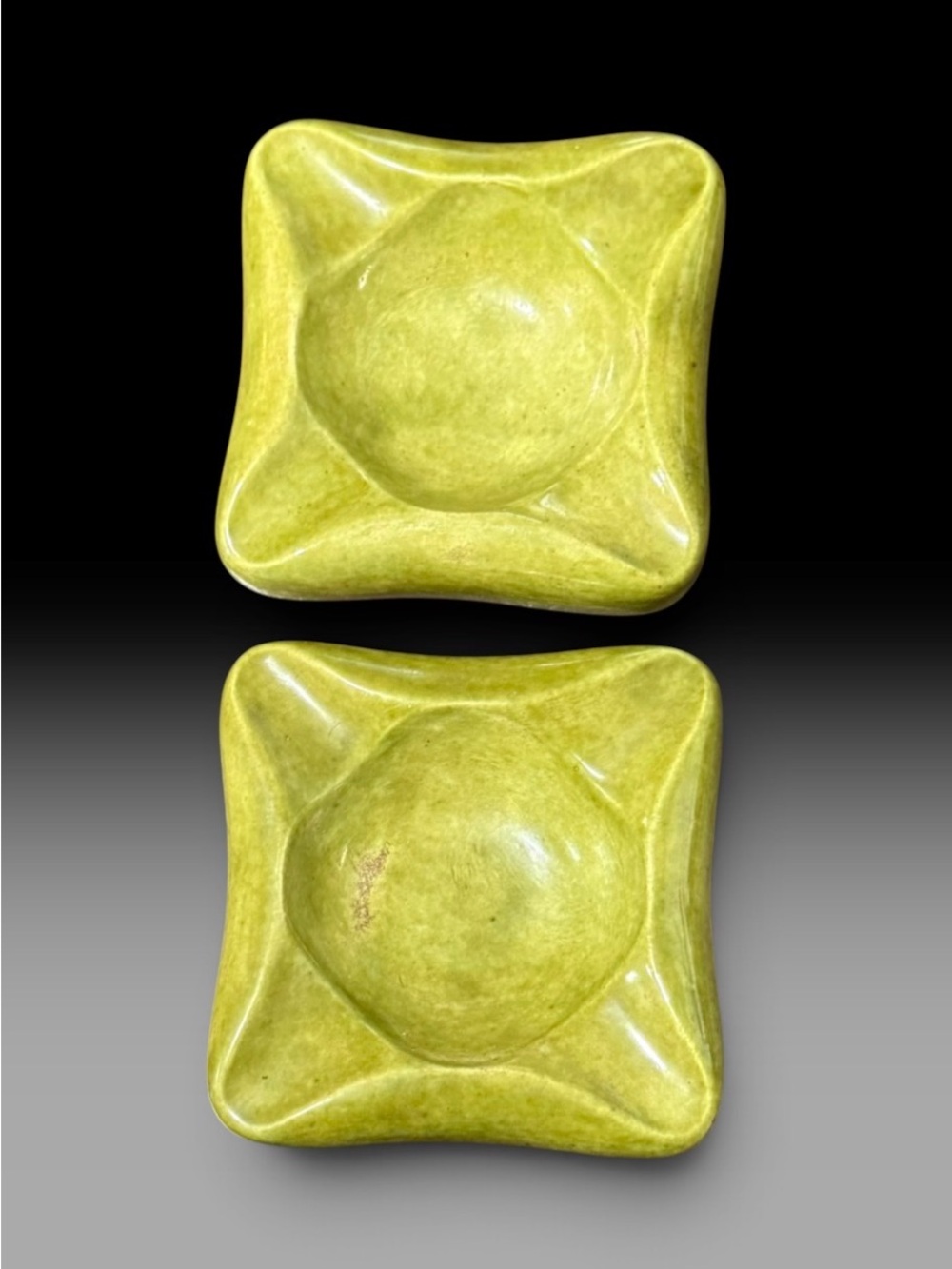 Set of 2 handmade vintage MCM pottery ash trays in Chartreuse ceramic